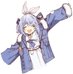 Rule 34 | 1girl, ^ ^, abara heiki, animal ears, belt, black ribbon, blue hair, blue jacket, blue necktie, blush, carrot, choker, closed eyes, commentary, cowboy shot, cropped legs, denim, denim jacket, fur-trimmed jacket, fur-trimmed sleeves, fur trim, hair ribbon, happy, highres, hololive, jacket, light blue hair, looking at viewer, medium hair, multicolored hair, necktie, official alternate costume, open clothes, open jacket, open mouth, outstretched arms, rabbit ears, ribbon, sailor collar, school uniform, serafuku, shirt, short necktie, simple background, skirt, sleeves past wrists, smile, solo, streaked hair, thick eyebrows, twintails, two-tone hair, usada pekora, usada pekora (casual), virtual youtuber, white background, white belt, white choker, white hair, white shirt, white skirt
