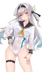 Rule 34 | 1girl, alternate costume, black hairband, black sailor collar, collarbone, commentary request, contrapposto, cropped shirt, firefly (honkai: star rail), gluteal fold, grey hair, hair intakes, hair ornament, hairband, hand on own hip, highres, honkai: star rail, honkai (series), long hair, long sleeves, looking at viewer, matrix16, neckerchief, one-piece swimsuit, open mouth, puffy long sleeves, puffy sleeves, purple eyes, sailor collar, see-through, see-through shirt, see-through sleeves, shirt, skindentation, solo, swimsuit, thigh strap, thighs, upper body, white one-piece swimsuit, white shirt, yellow neckerchief