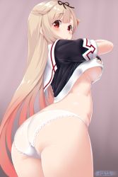 Rule 34 | 1girl, ass, black ribbon, blonde hair, blush, breasts, butt crack, commentary request, cowboy shot, dd (ijigendd), fingerless gloves, from behind, gloves, hair flaps, hair ornament, hair ribbon, hairclip, highres, kantai collection, large breasts, long hair, looking at viewer, no pants, panties, red eyes, ribbon, school uniform, serafuku, simple background, solo, underboob, underwear, white panties, yuudachi (kancolle), yuudachi kai ni (kancolle)