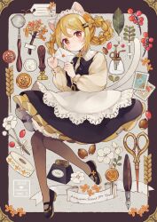 Rule 34 | 1girl, acorn, animal ears, apron, artist name, autumn, black dress, black footwear, blonde hair, braid, branch, brown eyes, brown pantyhose, buttons, capelet, cat ears, cat girl, cat tail, commentary, dress, english text, envelope, flower, framed, frilled apron, frilled dress, frilled hairband, frills, from side, full body, grey background, hair flower, hair ornament, hair rings, hairband, hairclip, highres, holding, holding envelope, inkwell, knees together feet apart, layered dress, leaf, long sleeves, looking at viewer, maid, mary janes, original, outside border, pantyhose, postage stamp, puffy long sleeves, puffy sleeves, quill, scissors, shirt, shoes, short hair, slit pupils, smile, solo, tabi 0v0, tail, tape, twin braids, waist apron, wax seal, wax stamp, white apron, white capelet, white flower, yellow shirt