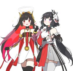 Rule 34 | 2girls, asymmetrical sleeves, bare shoulders, black choker, black hair, black thighhighs, choker, colored inner hair, demon wings, detached sleeves, dress, earrings, elbow gloves, fake horns, gloves, gold bracelet, gold earrings, grey thighhighs, hair ribbon, halo, heart, heart hands, highres, horns, japanese clothes, jewelry, long hair, lucia: plume (punishing: gray raven), mask, mask on head, multicolored hair, multiple girls, myam (123ab456c), necklace, nontraditional miko, official alternate costume, oni mask, pendant, ponytail, punishing: gray raven, purple eyes, red eyes, red hair, ribbon, see-through, see-through sleeves, selena (punishing: gray raven), sidelocks, thighhighs, tress ribbon, white background, white dress, wide sleeves, wings