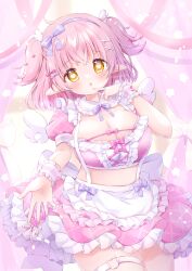 Rule 34 | 1girl, apron, blush, bow, breasts, chiika (cure cherish), cleavage, commission, crop top, frilled apron, frilled skirt, frills, hair ornament, hairband, heart, heart-shaped pupils, heart o-ring, large breasts, looking at viewer, original, pink hair, pink skirt, plaid, pointy ears, puffy short sleeves, puffy sleeves, short sleeves, skeb commission, skirt, solo, symbol-shaped pupils, thigh strap, two side up, waist apron, white apron, wings, wrist cuffs, x hair ornament, yellow eyes