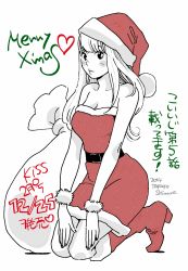 Rule 34 | 10s, 1girl, 2014, artist name, bag, bare shoulders, blunt bangs, blush stickers, boots, breasts, character request, christmas, dated, dress, fur boots, hands on own knees, hat, heart, highres, knee boots, kneeling, koiiji, large breasts, long hair, looking at viewer, merry christmas, monochrome, red footwear, red theme, santa boots, santa costume, santa hat, shimura takako, simple background, solo, strapless, strapless dress, translation request, tube dress, white background