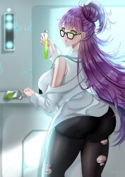 Rule 34 | 1girl, absurdres, artist name, back, barcode, barcode tattoo, bare shoulders, black-framed eyewear, black necktie, breasts, button gap, collared shirt, cropped torso, ether (nikke), glasses, goddess of victory: nikke, green eyes, high ponytail, highres, holding, holding test tube, large breasts, long hair, lower teeth only, necktie, open mouth, purple hair, shirt, simple background, sleeveless, sleeveless shirt, solo, tattoo, teeth, test tube, user xwey5287, white background, white shirt