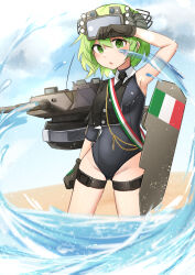 Rule 34 | 1girl, absurdres, black gloves, clenched hand, collared one-piece swimsuit, daebom, gloves, goggles, goggles on head, green eyes, green hair, hair between eyes, highres, humanization, italian flag, looking at viewer, military, military vehicle, motor vehicle, necktie, one-piece swimsuit, open mouth, original, outdoors, partially submerged, solo, standing, swimsuit, tank, tank turret, thigh strap, water