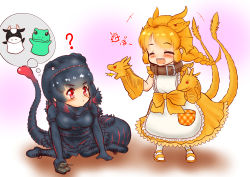 Rule 34 | +++, 2girls, :/, :d, ?, ^ ^, animal collar, apron, arm support, black hair, blush, bow, braid, chibi, closed eyes, closed mouth, collar, commentary request, cosplay, dress, frills, full body, giant, giant monster, gloves, godzilla, godzilla (cosplay), godzilla (series), godzilla (shin), hair ornament, hairband, hakumaiya, hand puppet, highres, kaijuu, kemono friends, king ghidorah, king ghidorah (cosplay), long dress, long hair, looking at another, medium hair, multicolored hair, multiple girls, multiple tails, open mouth, orange hair, parted bangs, personification, pocket, puppet, red eyes, red hair, sharp teeth, shin godzilla, short sleeves, single braid, sitting, smile, standing, tail, teeth, thought bubble, toy, toy tank, two-tone hair, two tails, wariza, |d
