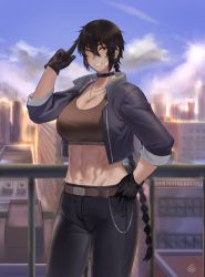 Rule 34 | 1girl, abs, black hair, braid, breasts, building, choker, cityscape, gloves, hand on own face, highres, hunyan, index finger raised, jacket, xiao (hunyan), long hair, one eye closed, original, pants, railing, rooftop, signature, smile, sports bra, standing, sunset, tomboy