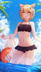 Rule 34 | 1girl, ahoge, animal, animal ear fluff, animal ears, ars.rin, bad id, bad pixiv id, bare arms, bare shoulders, beach, bell, bikini, bilibili, black bikini, black skirt, blonde hair, blue sky, breasts, cameltoe, cat ears, cat girl, cat tail, choker, cleavage, closed mouth, cloud, collarbone, commentary request, copyright request, cowboy shot, day, female focus, fish, fox ears, fox girl, frilled bikini, frills, gluteal fold, hair between eyes, hair ornament, hairclip, looking at viewer, medium breasts, navel, neck bell, outdoors, palm tree, pleated skirt, short hair, skirt, sky, small breasts, smile, solo, swimsuit, tail, thighhighs, tree, virtual youtuber, wading, water, wet, white thighhighs, x hair ornament, yellow eyes