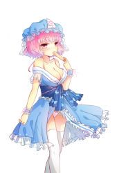 Rule 34 | 1girl, adapted costume, alternate costume, bare shoulders, breasts, cleavage, emia wang, covered erect nipples, hat, japanese clothes, large breasts, panties, pink eyes, pink hair, ribbon, saigyouji yuyuko, short hair, solo, touhou, triangular headpiece, underwear