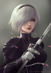 Rule 34 | 1girl, 2b (nier:automata), absurdres, android, arm up, artist name, black dress, black hairband, blue eyes, breasts, cherry blossoms, cleavage cutout, clenched hand, closed mouth, clothing cutout, commentary, cosplay, deviantart username, dres, dress, eyelashes, gloves, grey background, grey gloves, grey hair, hair over one eye, hairband, highres, holding, holding sword, holding weapon, joints, juliet sleeves, katana, lewiz ren, lips, long sleeves, looking at viewer, medium breasts, mole, mole under mouth, nier:automata, nier (series), nose, petals, pink lips, pink petals, puffy sleeves, red lips, robot joints, short hair, signature, solo, sword, turtleneck, turtleneck dress, upper body, vambraces, watermark, weapon, web address, white gloves, zipper