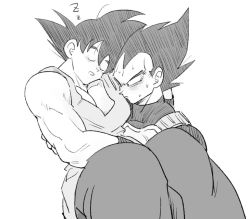 Rule 34 | 2boys, bare shoulders, blush, carrying, dragon ball, dragonball z, feet out of frame, greyscale, kz (dbz kz), large pectorals, pectoral cleavage, male focus, monochrome, multiple boys, muscular, muscular male, pectorals, princess carry, short hair, sideburns, sleeping, sleeping on person, son goku, sweatdrop, tank top, vegeta, yaoi