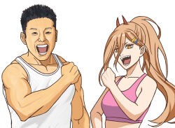 Rule 34 | 1boy, 1girl, :d, bare shoulders, black hair, chainsaw man, clenched hand, crop top, cross-shaped pupils, crossover, demon horns, hair between eyes, horns, light brown hair, long hair, looking at viewer, midriff, muscular, muscular male, nakayama kinni-kun, open mouth, pink tank top, power (chainsaw man), real life, red horns, sakata s2023, sharp teeth, short hair, simple background, smile, symbol-shaped pupils, tank top, teeth, upper body, white background, white tank top