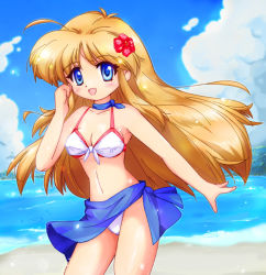 Rule 34 | 1girl, ahoge, arc the lad, arc the lad ii, bad id, bad pixiv id, beach, bikini, blonde hair, blue eyes, blush, breasts, cleavage, cloud, day, female focus, flower, front-tie top, hair flower, hair ornament, lieza (arc the lad), long hair, medium breasts, ocean, open mouth, outdoors, sarong, sidelocks, sky, smile, solo, swimsuit, wind, wind lift, zipang (zip@ng works)