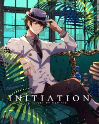 Rule 34 | 1boy, arrow (symbol), artist name, bishounen, black footwear, black necktie, black pants, book, book stack, bottle, bowler hat, brown hair, buttons, closed mouth, coattails, collared shirt, commentary, couch, crossed legs, english commentary, english text, flower pin, foot out of frame, gift art, grey shirt, hand on headwear, hat, hat pin, hen-tie, highres, indoors, jacket, layered sleeves, light smile, long sleeves, male focus, necktie, orange eyes, original, palm leaf, pants, plant, potted plant, shirt, shoes, short hair, sitting, socks, solo, striped clothes, striped shirt, vertical-striped clothes, vertical-striped shirt, watermark, white hat, white jacket, white socks, window