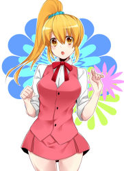 Rule 34 | 1girl, blonde hair, blush, buttons, collared shirt, flower, long hair, looking at viewer, mi (liki1020), misao, open mouth, outline, ponytail, red ribbon, ribbon, saotome (misao), school uniform, shadow, shiny skin, shirt, sidelocks, simple background, skirt, solo, uniform, vest, white background, white outline, yellow eyes