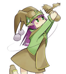 Rule 34 | 1girl, :&lt;, asymmetrical bangs, blush stickers, cameo, doll, dress, gnome (mon-musu quest!), green eyes, hat, holding, luka (mon-musu quest!), mon-musu quest!, pointy ears, purple hair, shoes, sidelocks, simple background, solo, star (symbol), white background, wizard898