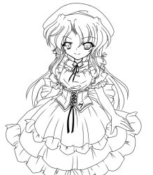 Rule 34 | 1girl, :d, apron, choker, collarbone, corset, cowboy shot, feathers, female focus, greyscale, hat, hat feather, long hair, maid, maid apron, monochrome, open mouth, parted lips, puffy short sleeves, puffy sleeves, short sleeves, simple background, sketch, smile, solo, standing, touhou, touhou (pc-98), tsunogiri, vector trace, very long hair, waist apron, white background, yumeko (touhou)