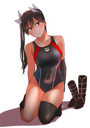 Rule 34 | 1girl, arms behind back, asymmetrical legwear, black footwear, black gloves, black hair, black one-piece swimsuit, boots, unworn boots, brown eyes, commentary request, competition swimsuit, elbow gloves, full body, gloves, hair ribbon, head tilt, hieda (hiedanoaqn), high heel boots, high heels, highres, kantai collection, kneehighs, kneeling, long hair, looking at viewer, one-piece swimsuit, ribbon, shoes, unworn shoes, simple background, single elbow glove, single thighhigh, socks, solo, swimsuit, thighhighs, tone (kancolle), twintails, uneven legwear, white background
