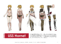 Rule 34 | 10s, 1girl, ass, back, blonde hair, breasts, character sheet, high heels, highres, hornet (pacific), jeanex, kantai collection, looking at viewer, midriff, multiple views, navel, nipples, original, pacific (kancolle), panties, sailor collar, simple background, smile, striped clothes, striped panties, striped thighhighs, thighhighs, topless, translation request, twintails, underwear, uss hornet (cv-8), white background, yellow eyes