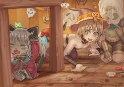 Rule 34 | 1boy, 2girls, animal hands, blonde hair, bow, bowtie, breasts, brown bow, brown bowtie, brown gloves, brown shorts, brown thighhighs, buubuu (loli69), candy, cat girl, chinese commentary, commentary request, dress, fangs, fingerless gloves, food, full body, furry, furry female, ghost, gloves, green scarf, green shirt, halloween, hat, jack-o&#039;-lantern, jack-o&#039;-lantern hat ornament, lollipop, looking at another, masked, multiple girls, open mouth, purple headwear, ragnarok online, ranger (ragnarok online), red dress, scared, scarf, shirt, short hair, shorts, sleeveless, sleeveless shirt, small breasts, smile, summoner (ragnarok online), swirl lollipop, tail, taiyaki, thighhighs, wagashi, wanderer (ragnarok online), whisper (ragnarok online), witch hat, yellow eyes