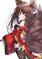 Rule 34 | 1girl, amagi-chan (azur lane), amagi (azur lane), animal ear fluff, animal ears, azur lane, black pantyhose, brown eyes, brown hair, expressionless, fox ears, fox girl, fox tail, from behind, highres, japanese clothes, kimono, long hair, looking at viewer, looking back, multiple tails, mutou mame, off shoulder, pantyhose, red kimono, short kimono, sleeves past wrists, solo, tail, thighs, two side up