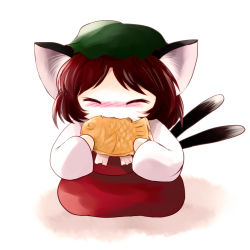 Rule 34 | 1girl, :3, animal ears, biting, blush, brown hair, cat ears, cat girl, cat tail, chen, chibi, closed eyes, eating, fang, fangs, female focus, fish, food, full body, gradient background, hat, highres, multiple tails, simple background, skirt, solo, tail, taiyaki, touhou, wagashi, white background, yume shokunin