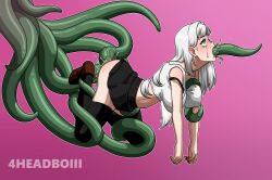 Rule 34 | 4headboiii, all the way through, anal, broken, crying, crying with eyes open, double penetration, highres, limp arms, original, skirt, tears, tentacles, thighhighs, vaginal, white hair