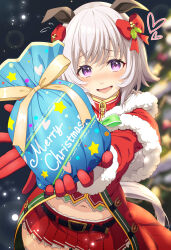 Rule 34 | 1girl, animal ears, belt, black belt, blurry, blurry background, blush, bow, cape, christmas, christmas tree, coat, commentary request, cowboy shot, curren chan (umamusume), fur-trimmed cape, fur trim, gloves, grey hair, hair bow, hair ornament, highres, holly hair ornament, horse ears, horse girl, horse tail, horseshoe ornament, incoming gift, looking at viewer, masaki shino, medium bangs, merry christmas, midriff, miniskirt, navel, nose blush, open mouth, pleated skirt, purple eyes, red bow, red cape, red coat, red gloves, red skirt, short hair, skirt, smile, solo, tail, umamusume