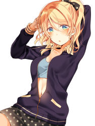 Rule 34 | 1girl, arm behind head, arm up, ayase eli, black bow, black skirt, blonde hair, blue eyes, blue jacket, bow, commentary request, hair between eyes, hair bow, jacket, love live!, love live! school idol festival, love live! school idol project, midriff peek, mogu (au1127), navel, own hands together, ponytail, print bow, print skirt, sidelocks, simple background, skirt, solo, sports bra, star (symbol), star print, stretching, unzipped, white background