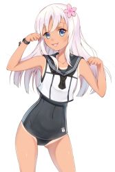 Rule 34 | 1girl, :d, black neckwear, black one-piece swimsuit, black sailor collar, blue eyes, bracelet, collarbone, contrapposto, covered navel, cowboy shot, crop top, floating hair, flower, hair flower, hair ornament, jewelry, kantai collection, long hair, looking at viewer, one-piece swimsuit, open mouth, pink flower, ro-500 (kancolle), sailor collar, school swimsuit, shiny skin, shirt, silver hair, simple background, sleeveless, sleeveless shirt, smile, solo, standing, swimsuit, tan, white background, white shirt, you06