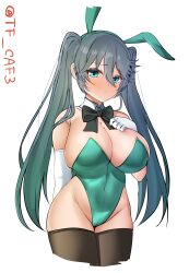 Rule 34 | absurdres, animal ears, black bow, black bowtie, black thighhighs, bow, bowtie, breasts, cleavage, cowboy shot, detached collar, elbow gloves, fake animal ears, gloves, green eyes, green leotard, grey hair, highleg, highleg leotard, highres, isuzu (kancolle), kantai collection, large breasts, leotard, one-hour drawing challenge, playboy bunny, rabbit ears, simple background, strapless, strapless leotard, tf cafe, thighhighs, twintails, white background, white gloves