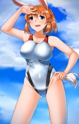 Rule 34 | 1girl, absurdres, animal ears, blue eyes, blush, breasts, brown hair, charlotte e. yeager, cloud, cloudy sky, collarbone, competition swimsuit, covered navel, female focus, groin, hand on forehead, hand on own hip, highres, hiroshi (hunter-of-kct), large breasts, one-piece swimsuit, open mouth, outdoors, rabbit ears, rabbit girl, rabbit tail, shiny clothes, short hair, sky, smile, solo, standing, strike witches, swimsuit, tail, world witches series