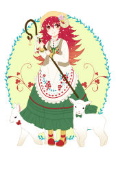 Rule 34 | 1girl, animal, animal ears, animal hat, apron, bow, buttons, closed mouth, collar, flaky (happy tree friends), flower, frilled skirt, frills, full body, green skirt, hair flower, hair ornament, happy tree friends, hat, holding, holding staff, horns, long hair, long skirt, long sleeves, looking at viewer, muimui uzuki, open clothes, open vest, orange eyes, personification, red hair, sheep, shirt, shoes, skirt, smile, socks, solo, staff, standing, striped clothes, striped legwear, striped socks, undershirt, vertical-striped clothes, vertical-striped legwear, vertical-striped socks, vest, white bow, white shirt