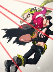 Rule 34 | 1boy, 1girl, agent 3 (splatoon), agent 8 (splatoon), anklet, ass, asymmetrical sleeves, bike shorts, black cape, black footwear, black panties, black shirt, black shorts, blunt bangs, boots, bracelet, cape, closed mouth, dark skin, dated, frown, green hair, grey eyes, headgear, holding, holding pen, inkling, inkling girl, inkling player character, jewelry, jumping, laser, laser pointer projection, laser sight, long hair, long sleeves, looking at another, looking back, looking to the side, midriff, nintendo, octoling, octoling boy, octoling player character, open mouth, orange eyes, paint on body, paint on clothes, panties, pen, pointy ears, red hair, shirt, shoes, short hair, shorts, splatoon (series), splatoon 1, splatoon 2, splatoon 2: octo expansion, squidbeak splatoon, suction cups, sweatdrop, tentacle hair, torn cape, torn clothes, underwear, uneven sleeves, vest, yellow footwear, yellow vest, yeneny