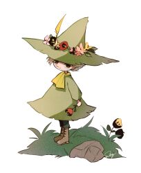 Rule 34 | 1boy, absurdres, boots, brown eyes, brown hair, closed mouth, flower, full body, green hat, green pants, green shirt, hat, head wreath, highres, holding, holding flower, long shirt, male focus, moomin, on grass, pants, red flower, rock, scarf, shimogu, shirt, short hair, snufkin, solo, standing, white background, yellow scarf