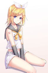 Rule 34 | 1girl, akira (been0328), bad id, bad pixiv id, bare shoulders, between legs, black sailor collar, blonde hair, blue eyes, blush, bow, brown background, closed mouth, commentary, detached sleeves, dress, gradient background, grey sleeves, hair ornament, hair ribbon, hairclip, hand between legs, highres, kagamine rin, long hair, long sleeves, looking at viewer, pleated skirt, ribbon, sailor collar, school uniform, serafuku, shirt, sitting, skirt, sleeveless, sleeveless shirt, solo, swept bangs, vocaloid, white background, white dress, white ribbon, white skirt, yellow bow