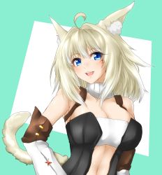 Rule 34 | 1girl, :d, ahoge, animal ears, bare shoulders, black dress, blonde hair, blue eyes, breasts, cat ears, cat tail, commentary request, detached sleeves, dress, facial mark, final fantasy, final fantasy xiv, green background, hair intakes, highres, large breasts, looking at viewer, minarai tenna, miqo&#039;te, open mouth, smile, solo, tail, upper body, whisker markings