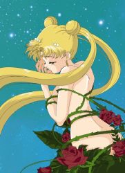 Rule 34 | 1990s (style), 1girl, ass, bdsm, bishoujo senshi sailor moon, blonde hair, bondage, bound, breasts, butt crack, censored, convenient censoring, closed eyes, flower, night, night sky, nude, plant, princess, princess serenity, rose, sky, thorns, tsukino usagi, twintails, vines, wind