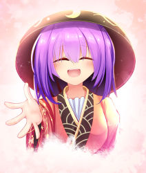 Rule 34 | 1girl, ^ ^, bowl, bowl hat, closed eyes, commentary, gradient background, hat, outstretched hand, purple hair, smile, solo, sukuna shinmyoumaru, touhou, z.o.b