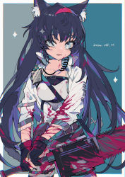 Rule 34 | 1girl, absurdres, animal ear fluff, animal ears, arknights, belt, belt pouch, black gloves, black hair, black nails, blaze (arknights), blood, blood on clothes, blood splatter, bloody weapon, blue background, blue eyes, breasts, cat ears, chainsaw, commentary, cowboy shot, dated, earpiece, fingerless gloves, gloves, hairband, highres, holding, holding chainsaw, jacket, long hair, looking at viewer, medium breasts, nail polish, name tag, open mouth, pouch, simple background, solo, symbol-only commentary, tank top, taowu (20809), weapon, white jacket, white tank top