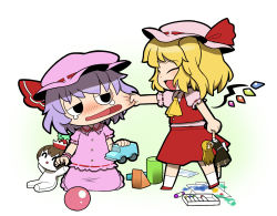 Rule 34 | 2girls, :d, \(^o^)/, ^ ^, aged down, ball, blonde hair, blue hair, blush, bow, braid, broken, car, character doll, cheek pull, child, closed eyes, crayon, doll, dress, expressionless, female focus, flandre scarlet, hair bow, hat, highres, jitome, kirisame marisa, long hair, lyrica prismriver, motor vehicle, multiple girls, open mouth, remilia scarlet, short hair, siblings, sisters, skirt, smile, stuffed toy, tears, touhou, toy, toy block, ume (noraneko), vehicle, wrist cuffs