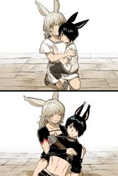 Rule 34 | 1boy, 1girl, 2koma, age progression, animal ears, annoyed, armor, black hair, blonde hair, blush, brother and sister, child, comic, commentary request, final fantasy, final fantasy xiv, green eyes, hug, long hair, looking at viewer, navel, niboshi kom, open mouth, rabbit ears, rabbit girl, short hair, shoulder armor, siblings, sitting, sitting on lap, sitting on person, viera, warrior of light (ff14), white background, yellow eyes