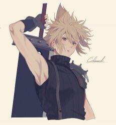 Rule 34 | 1boy, 234 (1234!), arm up, armor, armpits, blonde hair, blue eyes, buster sword, character name, cloud strife, final fantasy, final fantasy vii, fingerless gloves, gloves, holding, holding sword, holding weapon, huge weapon, looking at viewer, male focus, messy hair, open mouth, ribbed sweater, shoulder armor, simple background, single bare shoulder, sleeveless, sleeveless turtleneck, solo, spiked hair, square enix, suspenders, sweater, sword, turtleneck, turtleneck sweater, upper body, weapon