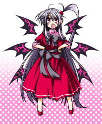 Rule 34 | 1girl, capelet, dress, fang, female focus, hair bobbles, hair ornament, hemogurobin a1c, hemogurobina1c, long hair, mystic square, open mouth, red eyes, shinki (touhou), side ponytail, silver hair, smile, solo, touhou, touhou (pc-98), very long hair, wings