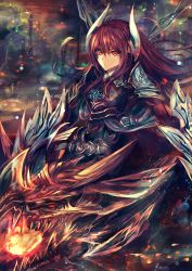 Rule 34 | &gt;:), 1girl, armor, brown hair, closed mouth, dragon, dual wielding, forte (shingeki no bahamut), from side, gauntlets, highres, holding, holding weapon, horns, kaze minoru so-ru, long hair, looking to the side, pauldrons, red eyes, serious, shadowverse, shoulder armor, sidelocks, upper body, v-shaped eyebrows, weapon