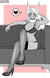 Rule 34 | 1girl, 7a (se7ena), :d, absurdres, animal ears, arm behind head, armpits, artist name, bare shoulders, boku no hero academia, border, bra, breasts, cleavage, couch, crossed legs, dark-skinned female, dark skin, fishnet thighhighs, fishnets, full body, fur collar, greyscale with colored background, heart, high heels, highres, large breasts, legs, lingerie, long eyelashes, long hair, looking at viewer, mirko, monochrome, navel, on couch, open mouth, panties, parted bangs, pink background, rabbit ears, rabbit girl, sitting, smile, solo, speech bubble, thighhighs, thighs, toned, underwear, white border, white hair