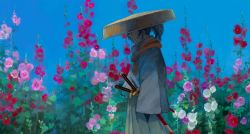 Rule 34 | 1boy, black hair, covered eyes, fate/grand order, fate (series), field, flower, flower field, from side, hat, hat over eyes, highres, japanese clothes, katana, male focus, nomeringo, okada izou (fate), ponytail, profile, red scarf, sandogasa, scarf, signature, sleeves past fingers, sleeves past wrists, solo, straw hat, sword, weapon