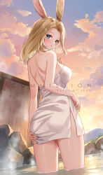 Rule 34 | 1girl, artist name, ass, ass grab, blonde hair, blush, breasts, cloud, commission, final fantasy, final fantasy xiv, grabbing own ass, green eyes, highres, large breasts, long hair, looking at viewer, looking back, naked towel, onsen, outdoors, rock, sebu illust, sky, solo, steam, sunset, towel, wading, warrior of light (ff14), water, watermark