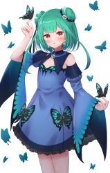 Rule 34 | 1girl, animal print, arm up, blue dress, blue sleeves, blush, brooch, bug, butterfly, butterfly on hand, butterfly print, cowboy shot, detached collar, detached sleeves, double bun, dress, earrings, frilled dress, frills, green hair, hair bun, hair ornament, hair ribbon, higashigure, highres, hololive, insect, jewelry, juliet sleeves, long sleeves, looking at viewer, parted lips, puffy sleeves, red eyes, ribbon, short dress, short hair, short hair with long locks, sidelocks, simple background, skull earrings, skull hair ornament, solo, strapless, strapless dress, surprised, too many, too many butterflies, uruha rushia, uruha rushia (1st costume), virtual youtuber, white background, wide sleeves