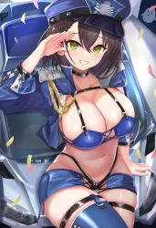 Rule 34 | 1girl, absurdres, ana (vvvvor), arm up, azur lane, baltimore (azur lane), baltimore (finish line flagbearer) (azur lane), bikini, black bikini, blue bikini, blue hat, blue jacket, braid, breasts, brown hair, car, choker, cleavage, cropped jacket, french braid, gloves, green eyes, grin, hair between eyes, hat, highleg, highleg bikini, highres, jacket, large breasts, looking at viewer, mismatched bikini, motor vehicle, navel, official alternate costume, open clothes, open jacket, peaked cap, race queen, short hair, single thighhigh, sitting, sitting on car, smile, solo, stomach, sweatdrop, swimsuit, teeth, thigh gap, thigh strap, thighhighs